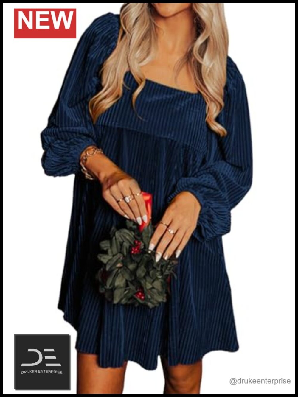 Womens Velvet Babydoll Mini Dress Square Neck Long Sleeve Party